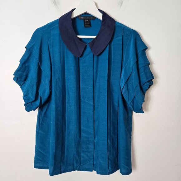 Marc by Marc Jacobs Size 12 Blue Silk Blend Hidden Button Short Sleeve Blouse Co - Picture 1 of 8